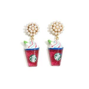 Fun Novelty Faux Pearl Textured Frappuccino Coffee Theme Stud Dangle Earrings